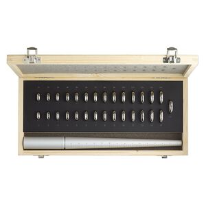 Ring mandrel and sizer, deluxe ring gauge kit, stainless steel / aluminum / stained rubberwood (natural / dyed), 12-3/4 x 1-3/4 inches. Sold per 31-piece set.