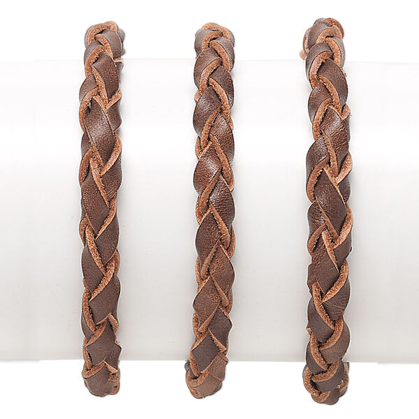 Bracelet, leather (dyed) and waxed cotton cord, brown, braid, adjustable from 6-8 inches with knot closure. Sold per pkg of 3. image number 0