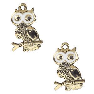 Charm, enamel and antique gold-plated pewter (tin-based alloy), white and black, 20x15mm single-sided owl. Sold per pkg of 2.