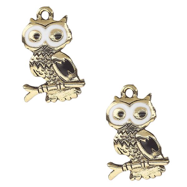 Charm, enamel and antique gold-plated pewter (tin-based alloy), white and black, 20x15mm single-sided owl. Sold per pkg of 2. image number 0