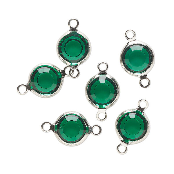 Link, Vintage Crystal™, crystal and imitation rhodium-finished brass, emerald, 9mm round. Sold per pkg of 6. image number 0