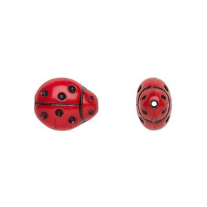 Bead, Czech pressed glass, opaque red and black, 13x11mm ladybug. Sold per 15-1/2" to 16" strand, approximately 30 beads.