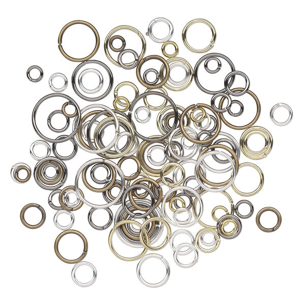 Jump ring mix, mix-plated brass / steel / aluminum / pewter (tin-based alloy), 2-18mm round and oval, 2.3-13.3mm inside diameter, 18-19 gauge. Sold per 10-gram pkg, approximately 100-130 jump rings. image number 1