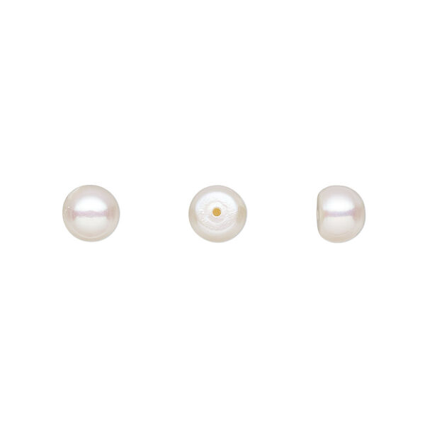 Pearl, White Lotus™, cultured freshwater (bleached), white, 6mm half-drilled button, B grade, Mohs hardness 2-1/2 to 4. Sold per pkg of 4 pairs. image number 0