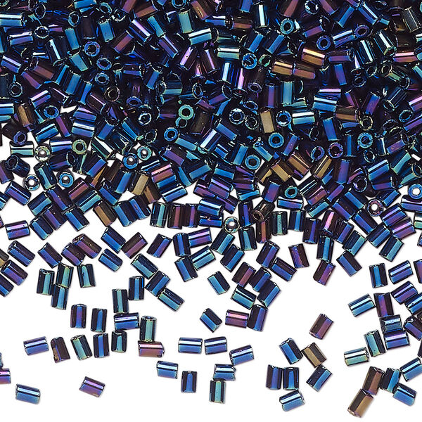 Bugle bead glass 1pk #1 round tube, 50 gram opaque blue iris black image number 0