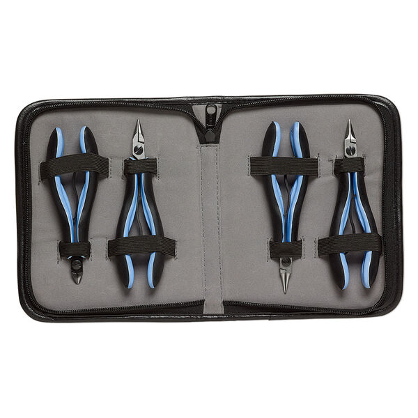 Pliers, Lindstrom® RX series, round-nose / flat-nose / chain-nose / flush-cutter, steel / plastic / rubber, blue and black, 5-1/4 to 5-3/4 inches with case. Sold per 4-piece set. image number 0
