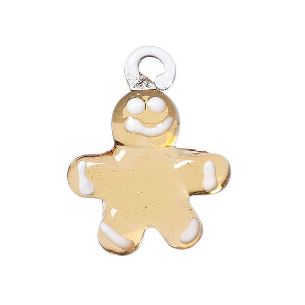 Drop, lampworked glass, brown and white, 25x23mm gingerbread cookie. Sold individually. image number 0
