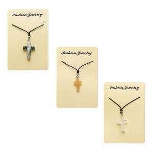 Necklace mix, multi-gemstone (natural / dyed / heated) / nylon / brass, mixed colors, 18x12mm-25x19mm cross, adjustable up to 32 inches with knot closure. Sold per pkg of 3.