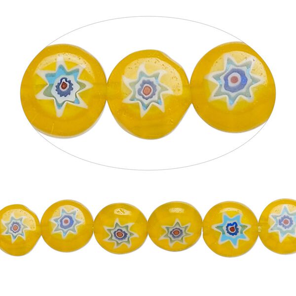 Bead, millefiori glass, translucent multicolored, 8mm puffed flat round with sunburst design. Sold per 14-inch strand. image number 0