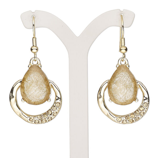 Earring, resin / glass rhinestone / gold-finished brass / "pewter" (zinc-based alloy), gold and light brown, 2 inches with teardrop and fishhook ear wire. Sold per pair. image number 0