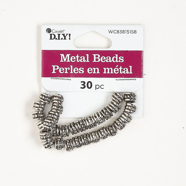 Bead, antique silver-finished "pewter" (zinc-based alloy), 6x4mm beaded round tube. Sold per pkg of 30. image number 0