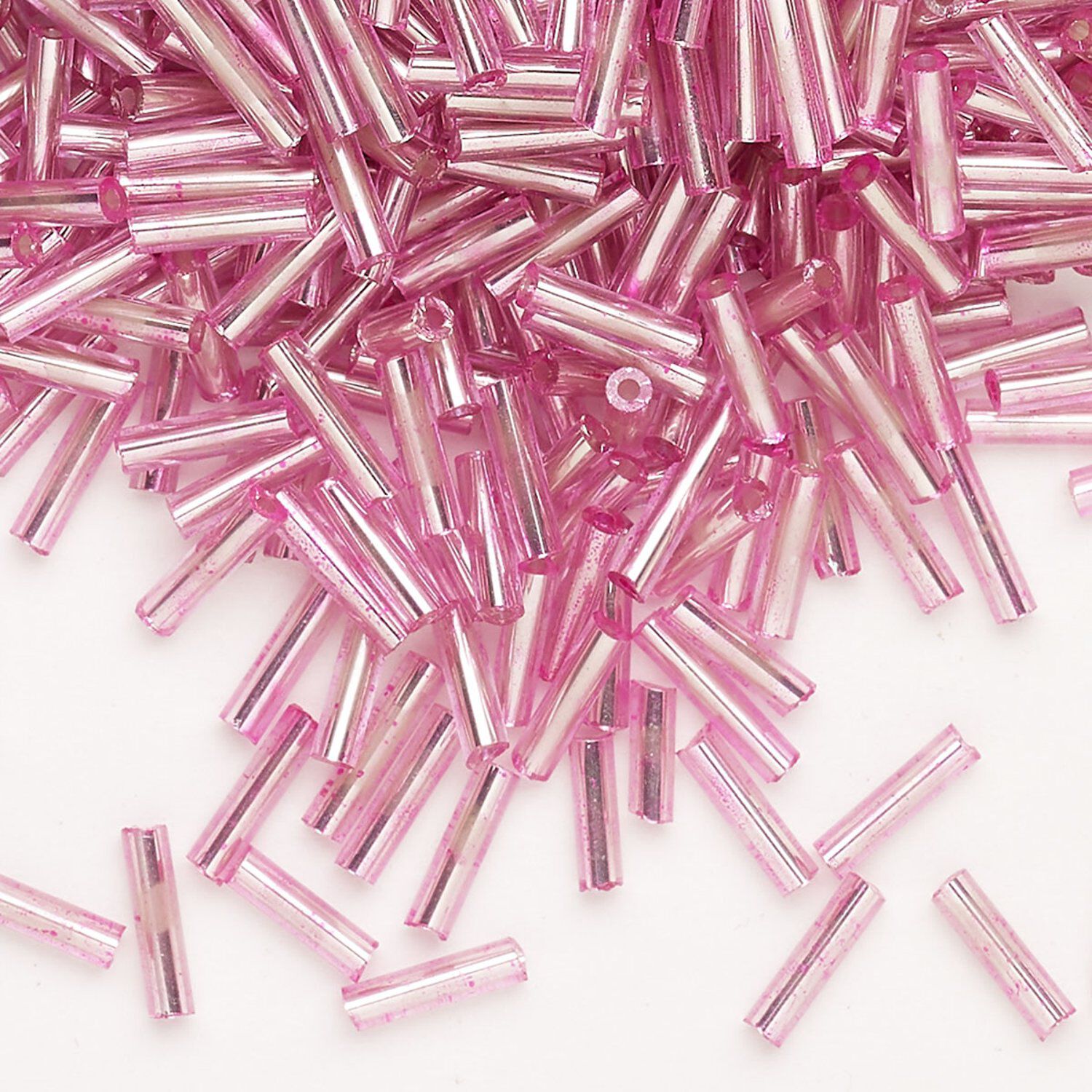 Bugle bead, Ming Tree™, glass, silverlined translucent pink, 1/4 inch
