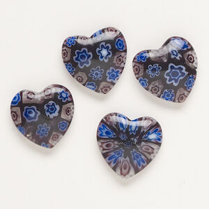 Bead, millefiori glass, translucent dark purple and multicolored, 18-20mm half-drilled puffed heart. Sold per pkg of 4.