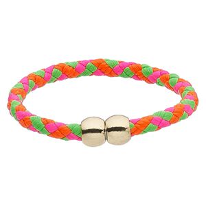 Bracelet, imitation leather with gold-finished "pewter" (zinc-based alloy), neon pink / neon green / neon orange, 6mm wide braided round, 6-1/2 inches with magnetic clasp. Sold individually.