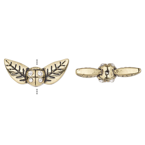 Bead, glass rhinestone and antique gold-finished "pewter" (zinc-based alloy), clear, 23x10mm leaves with ladybug. Sold per pkg of 4. image number 0