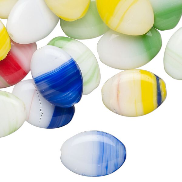Bead, Czech pressed glass, opaque mixed colors, 16x12mm puffed oval with swirl design. Sold per 2-ounce pkg, approximately 40 beads. image number 0