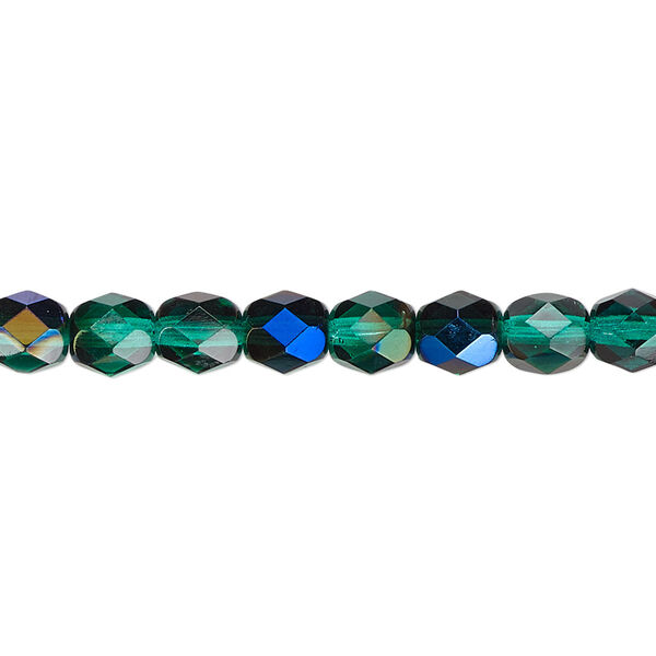 Bead, Czech fire-polished glass, green blue iris, 6mm faceted round. Sold per 15-1/2" to 16" strand. image number 0
