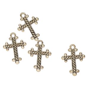 Drop, antique gold-finished "pewter" (zinc-based alloy), 18x15mm cross with beaded edge. Sold per pkg of 4.