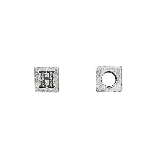 Bead, antiqued pewter (tin-based alloy), 7mm cube with Greek letter, ETA. Sold per pkg of 4. image number 0