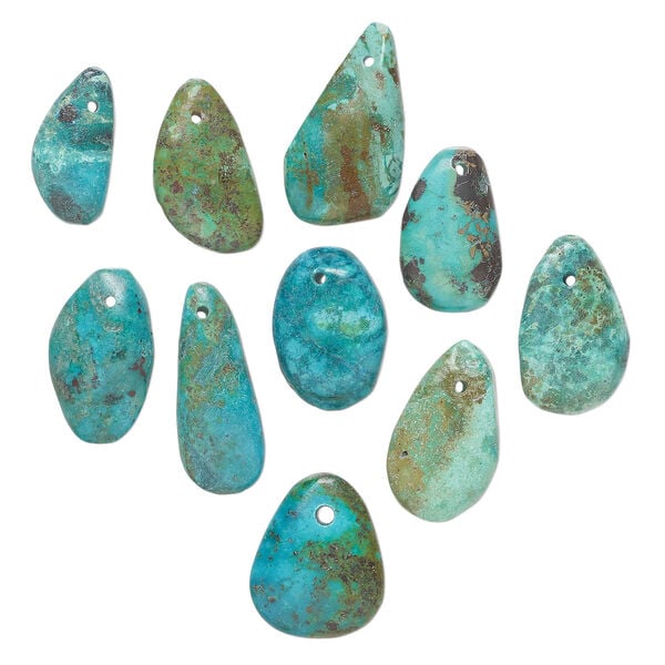 Turquoise 1pkg10, hand-cut top-drilled puffed teardrop / oval / freeform drop, mix 23x12mm-37x15mm green / blue / brown image number 0