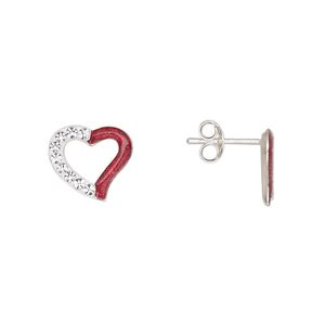 Earstud, Create Compliments®, sterling silver and glass rhinestone, red / clear / white, 11mm open heart with glitter. Sold per pair.