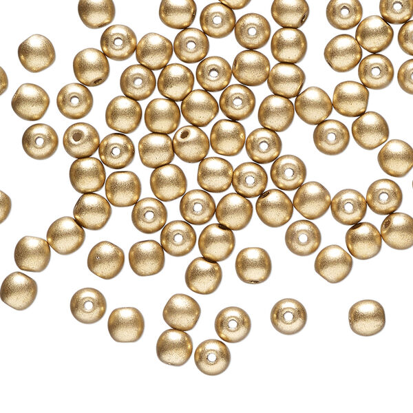 Bead, Czech glass druk, opaque satin gold, 4mm round. Sold per 15-1/2" to 16" strand. image number 0