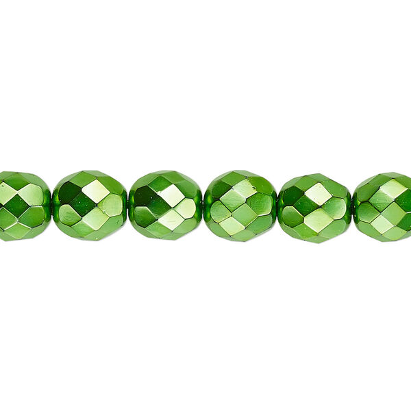 Bead, Czech fire-polished glass, opaque emerald green carmen, 8mm faceted round. Sold per 15-1/2" to 16" strand. image number 0