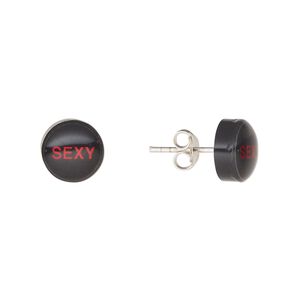 Earstud, Everyday Jewelry, sterling silver and acrylic, red and black, 9mm round with "sexy." Sold per pair.