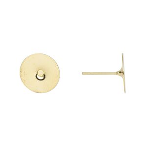 Earstud 1pkg100 gold-plated, 10mm flat pad, brass / steel 50 pair