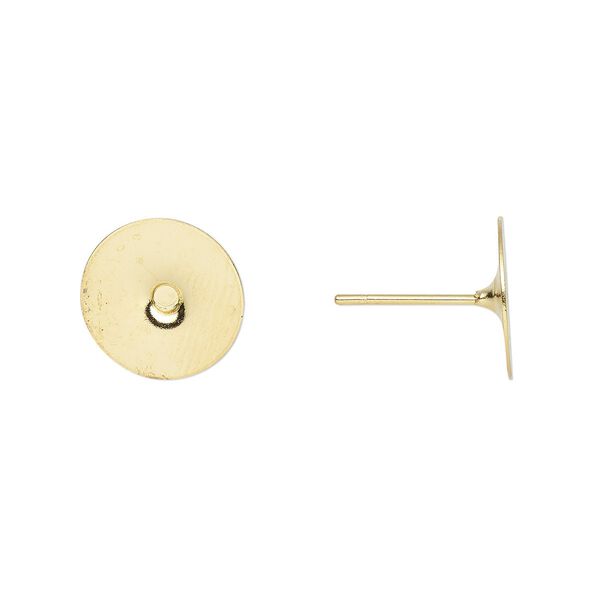 Earstud 1pkg100 gold-plated, 10mm flat pad, brass / steel 50 pair image number 0