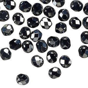 Czech fire-polished glass 1pkg60, faceted round bead opaque hematite 6mm