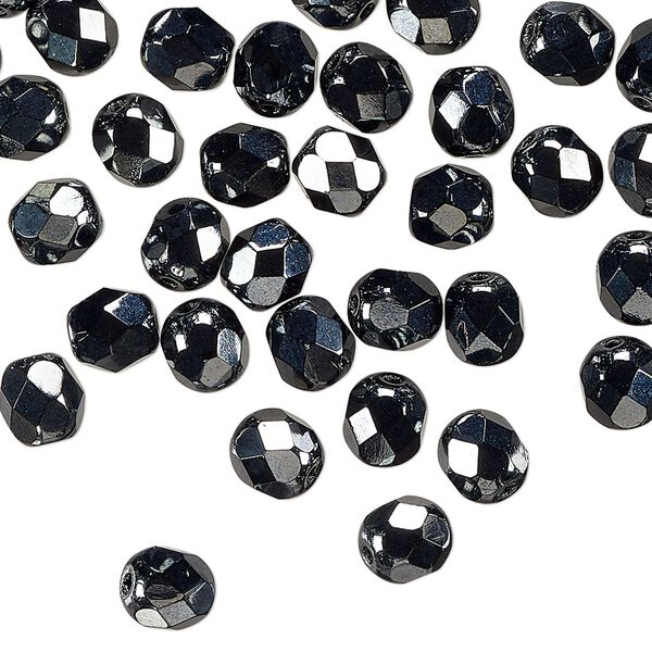 Czech fire-polished glass 1pkg60, faceted round bead opaque hematite 6mm image number 0