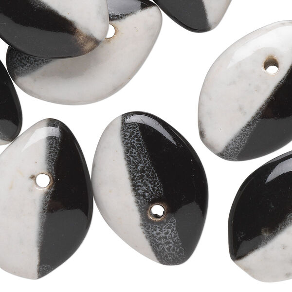 Bead, porcelain, black and white, 25x18mm top-drilled flat teardrop. Sold per pkg of 10. image number 0