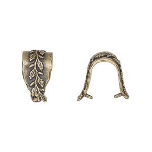 Bail, ice-pick, antiqued brass, 15x8mm fancy shield with leafy vine design, 12mm grip length. Sold individually.