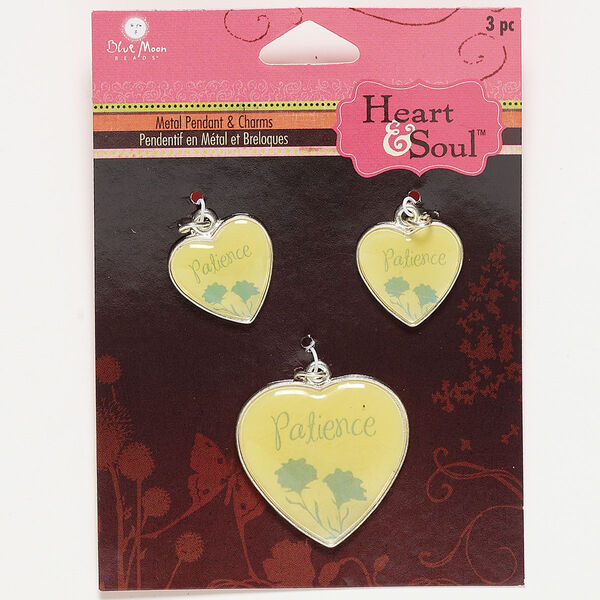 Charm mix, silver-finished "pewter" (zinc-based alloy) / resin / steel, clear / yellow / green, (2) 18mm and (1) 29x28mm heart with "Patience" and flower design. Sold per pkg of 3. image number 0