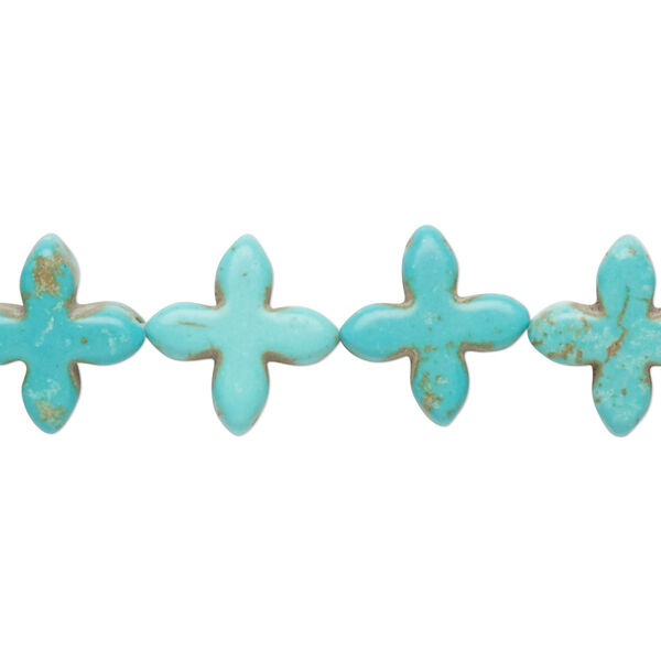 Bead, "howlite" (resin) (imitation), aqua blue, 14-15mm flat cross. Sold per 15-inch strand. image number 0