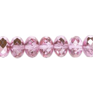 Bead, Czech fire-polished glass, metallic bubblegum, 11x7mm faceted rondelle. Sold per 15-1/2" to 16" strand.