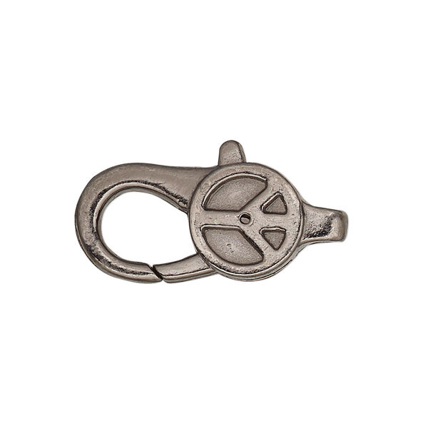 Clasp, lobster claw, gunmetal-plated "pewter" (zinc-based alloy), 27.5x12mm with double-sided peace sign design. Sold per pkg of 4. image number 0