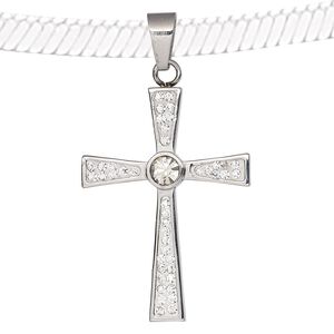 Pendant, epoxy / glass rhinestone / stainless steel, clear and white, 45x29mm single-sided cross. Sold individually.