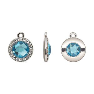 Drop, glass / glass rhinestone / imitation rhodium-finished "pewter" (zinc-based alloy), clear and transparent sapphire blue, 15.5mm single-sided round. Sold per pkg of 2.