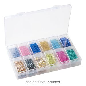 Organizer, acrylic, clear and white, 7 x 4-1/4 x 1-1/4 inches with (24) 45x25x11mm rectangle boxes and snap top. Sold per 25-piece set.