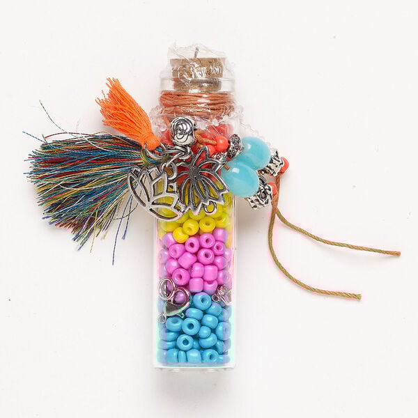 Necklace or bracelet kit 1pkg1, acrylic / nylon / antique silver-finished steel and "pewter" (zinc alloy), multicolored, lotus flower charms / assorted sizes and shapes. image number 0