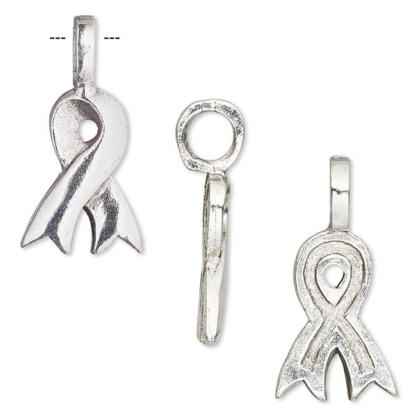 Bail, glue-on, antiqued silver-plated pewter (tin-based alloy), 26x13mm with 18x13mm awareness ribbon, 4.5mm inside diameter. Sold individually. image number 0