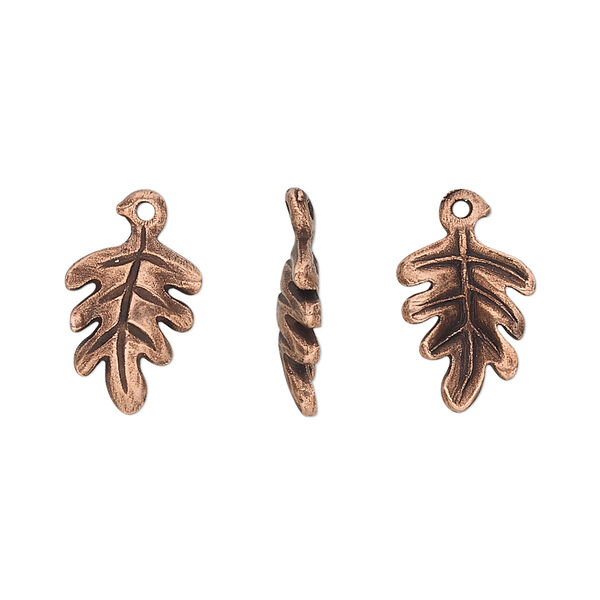 Charm, pewter (tin-based alloy), pkg/1, antique copper plate, 13x10mm double-sided oak leaf. image number 0