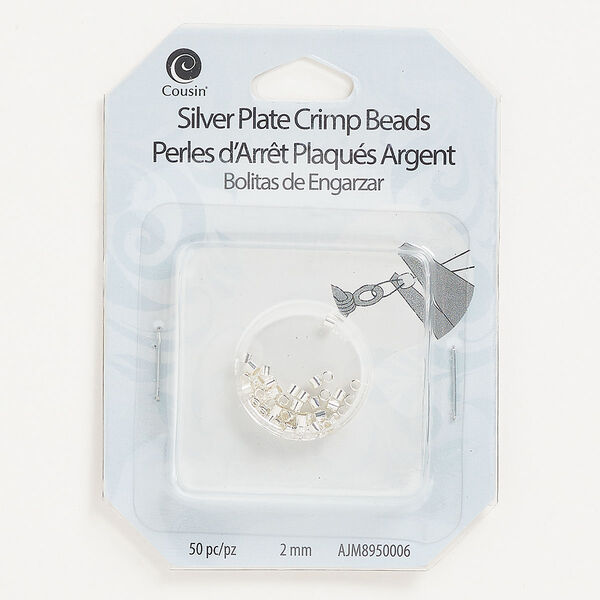 Crimp, silver-plated "pewter" (zinc-based alloy), 2mm tube, 1.4mm inside diameter. Sold per pkg of 50. image number 0