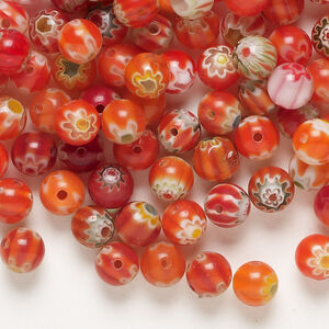 Bead mix, millefiori glass 1pkg2oz, translucent red-orange and multicolored, 6-7mm round.