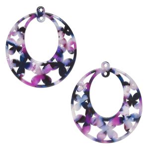 Focal, resin, purple / dark purple / white, 40x38mm oval go-go with flowers and loop. Sold per pkg of 2.