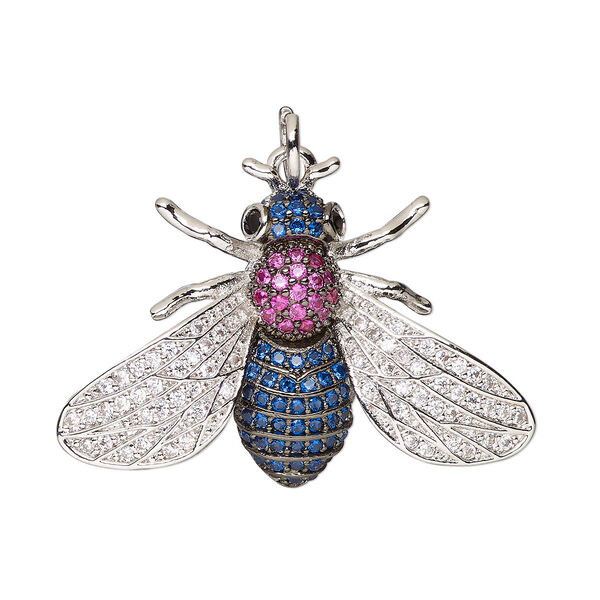 Focal, cubic zirconia and silver-finished brass, multicolored, 30x21mm single-sided bug with (1) 5mm open jump ring. Sold individually. image number 0