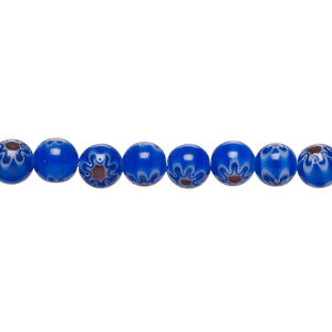 Bead, millefiori glass 1pkg1, translucent dark cobalt blue / dark red / white, 6mm round, 15 inches.