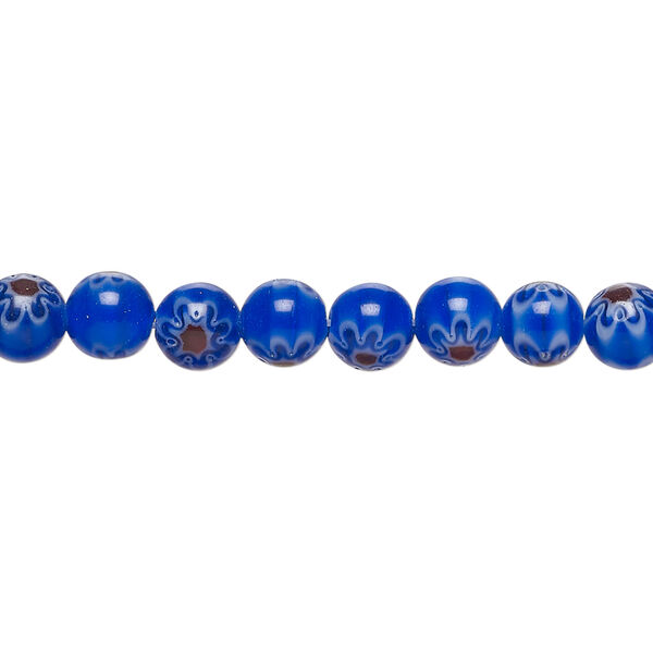 Bead, millefiori glass 1pkg1, translucent dark cobalt blue / dark red / white, 6mm round, 15 inches. image number 0